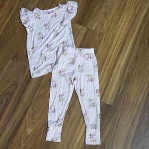 Bums & Roses Toddler Girls 2T Pink Roses 2 Pc Pajamas Set Pants Shirt Bamboo VGC